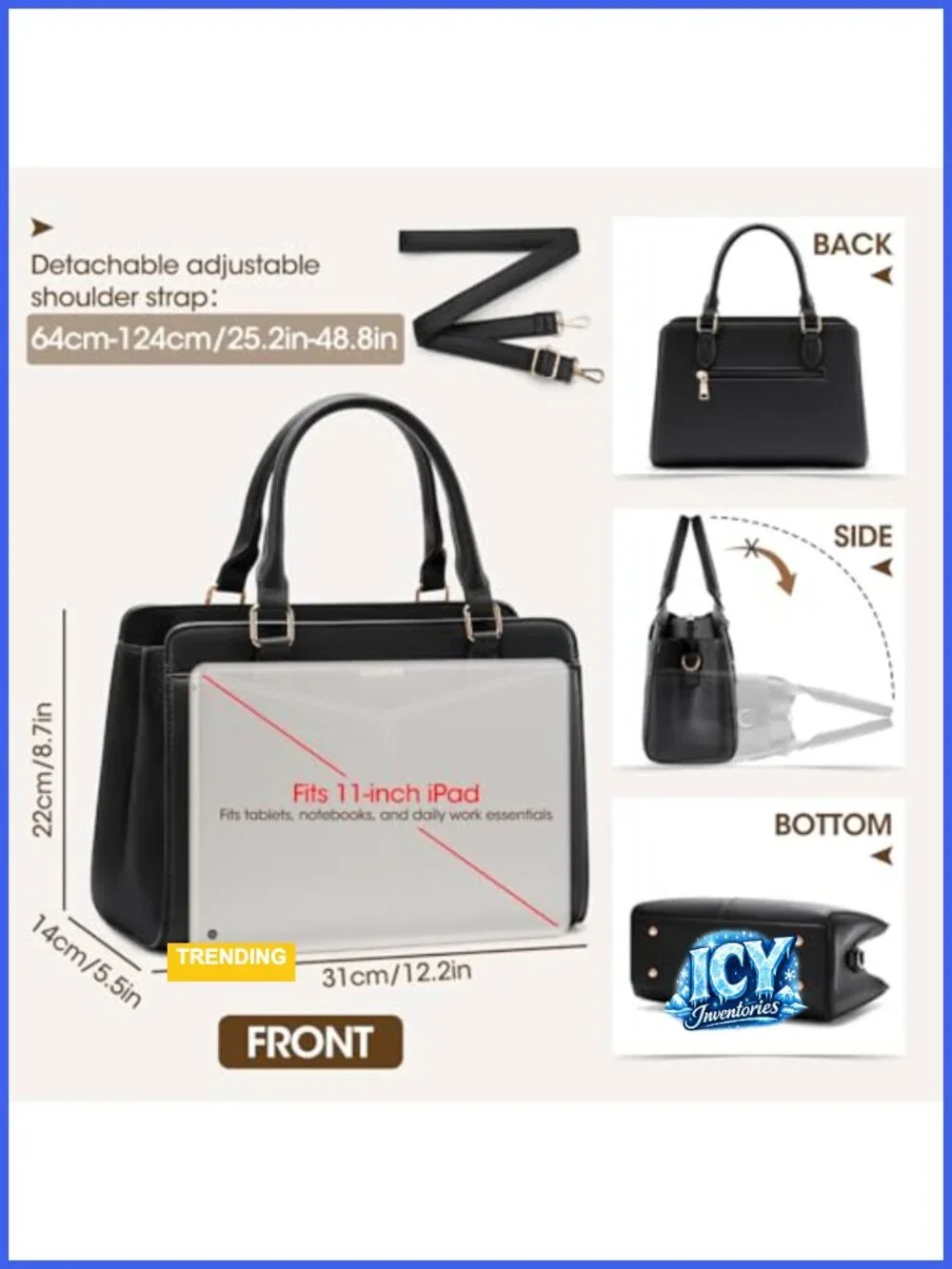 Women's PU Leather Satchel Handbag with Bowknot, Shoulder Strap, Fits 11'' iPad
